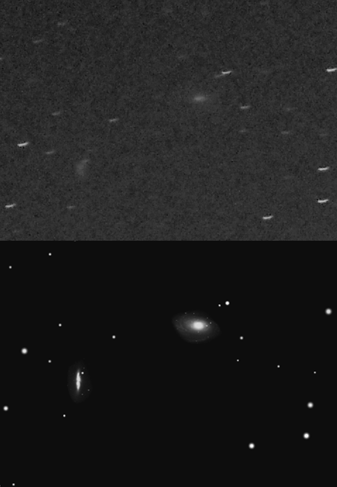 My 30-second unguided backyard photograph of galaxies M81 and M82 (the fuzzy blobs at right and left respectively). The lower panel is a screenshot from Stellarium to help identify the stars and galaxies.  
