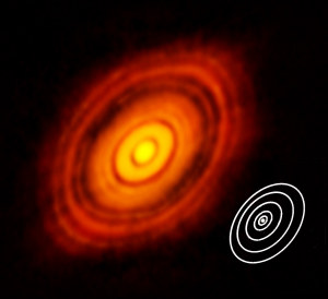 This image compares the size of the Solar System with HL Tauri and its surrounding protoplanetary disc. Although the star is much smaller than the Sun, the disc around HL Tauri stretches out to almost three times as far from the star as Neptune is from the Sun. Credit: Modified from an image by ALMA (ESO/NAOJ/NRAO)